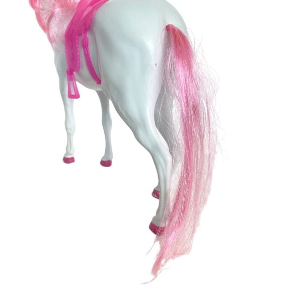 White Blow Mold Horse With Pink Hair Hooves Saddle Bridle 11in Tall - Picture 9 of 16